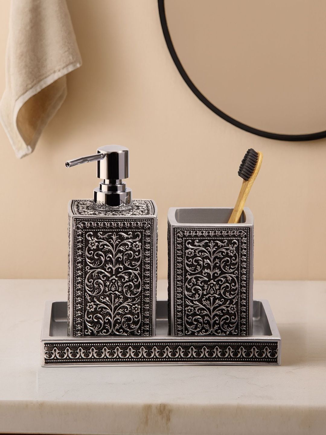 OBSESSIONS Black & Grey Floral Design Lightweight Compact 3-Pcs Bathroom Accessories-picture-14