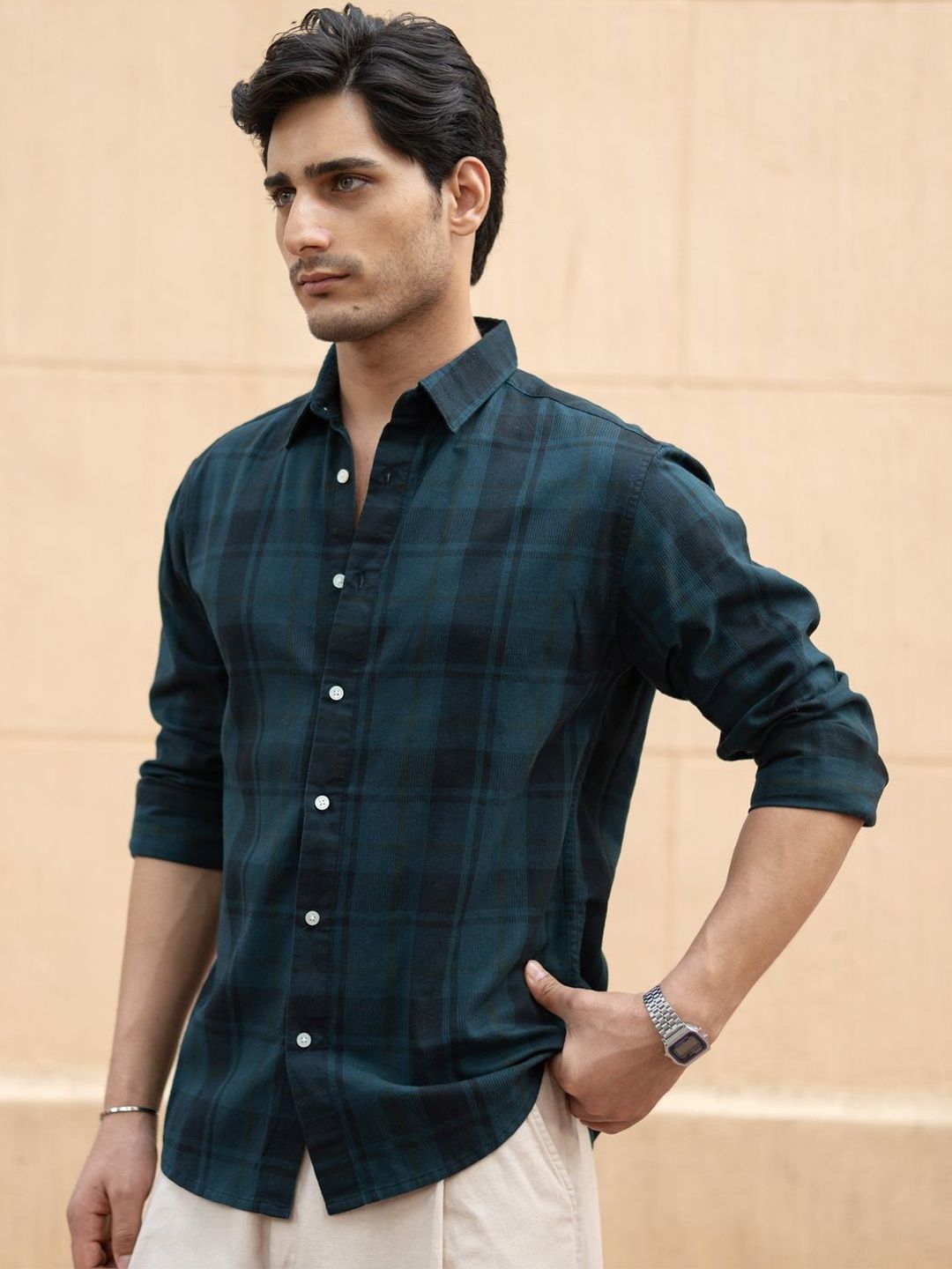 Powerlook Dark Teal Structured Checks Shirt-image-40