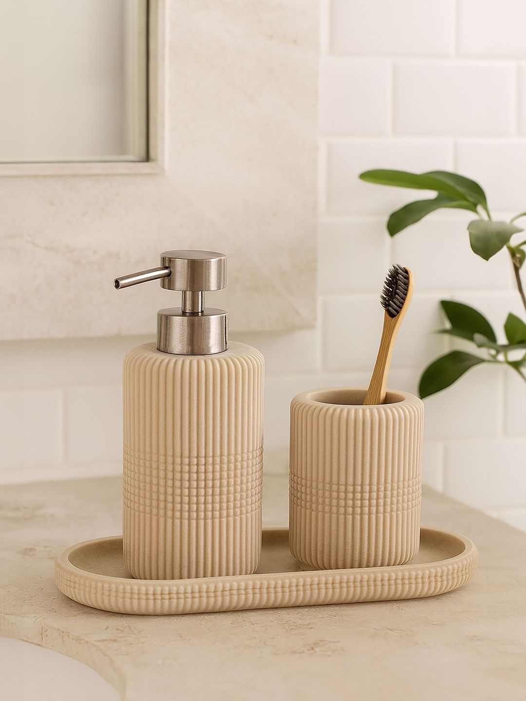 OBSESSIONS Beige Striped Lightweight Compact 3-Pcs Bathroom Accessories-image-35