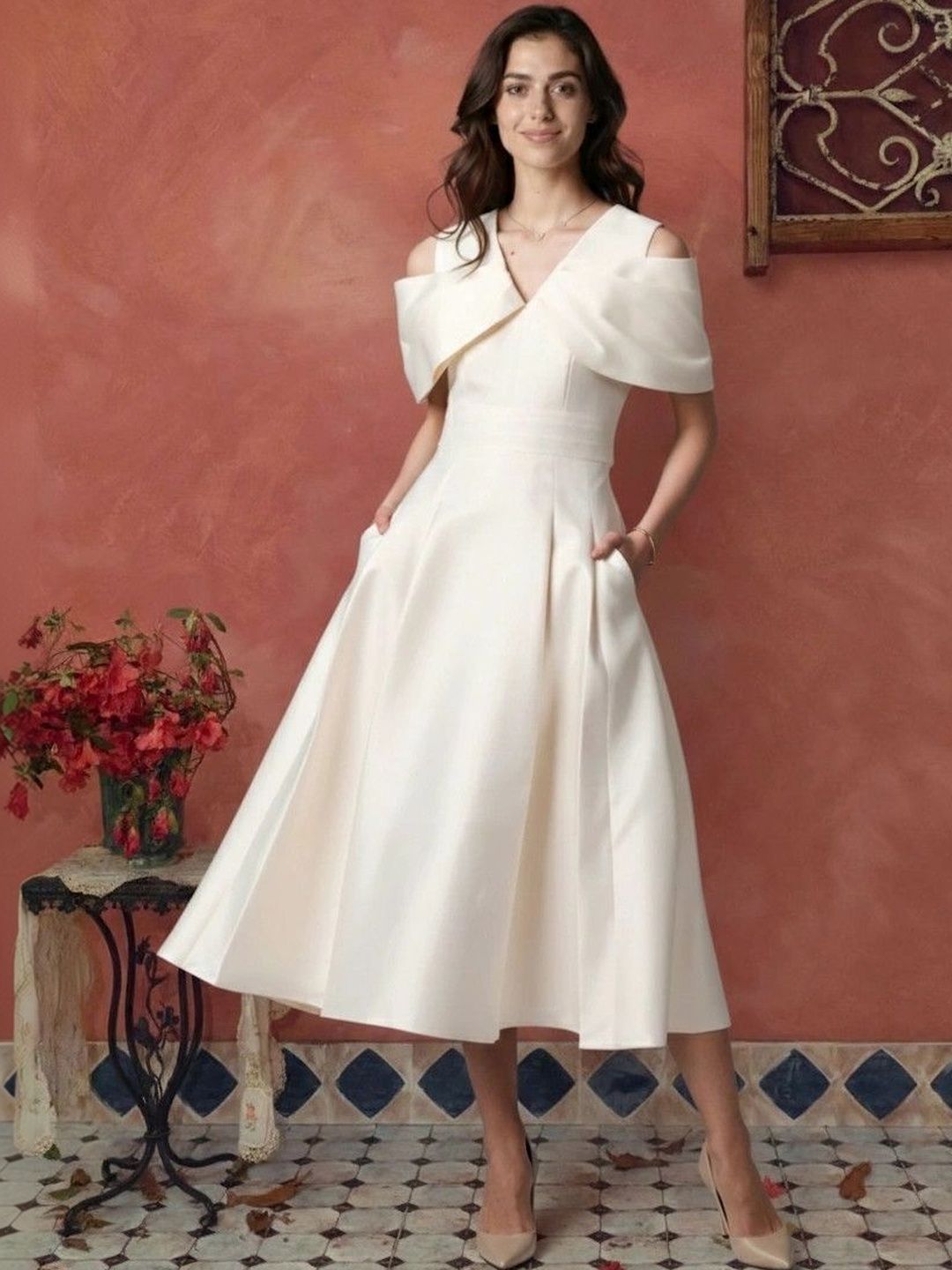 Suo Cold-Shoulder Fit & Flare Midi Dress-image-29