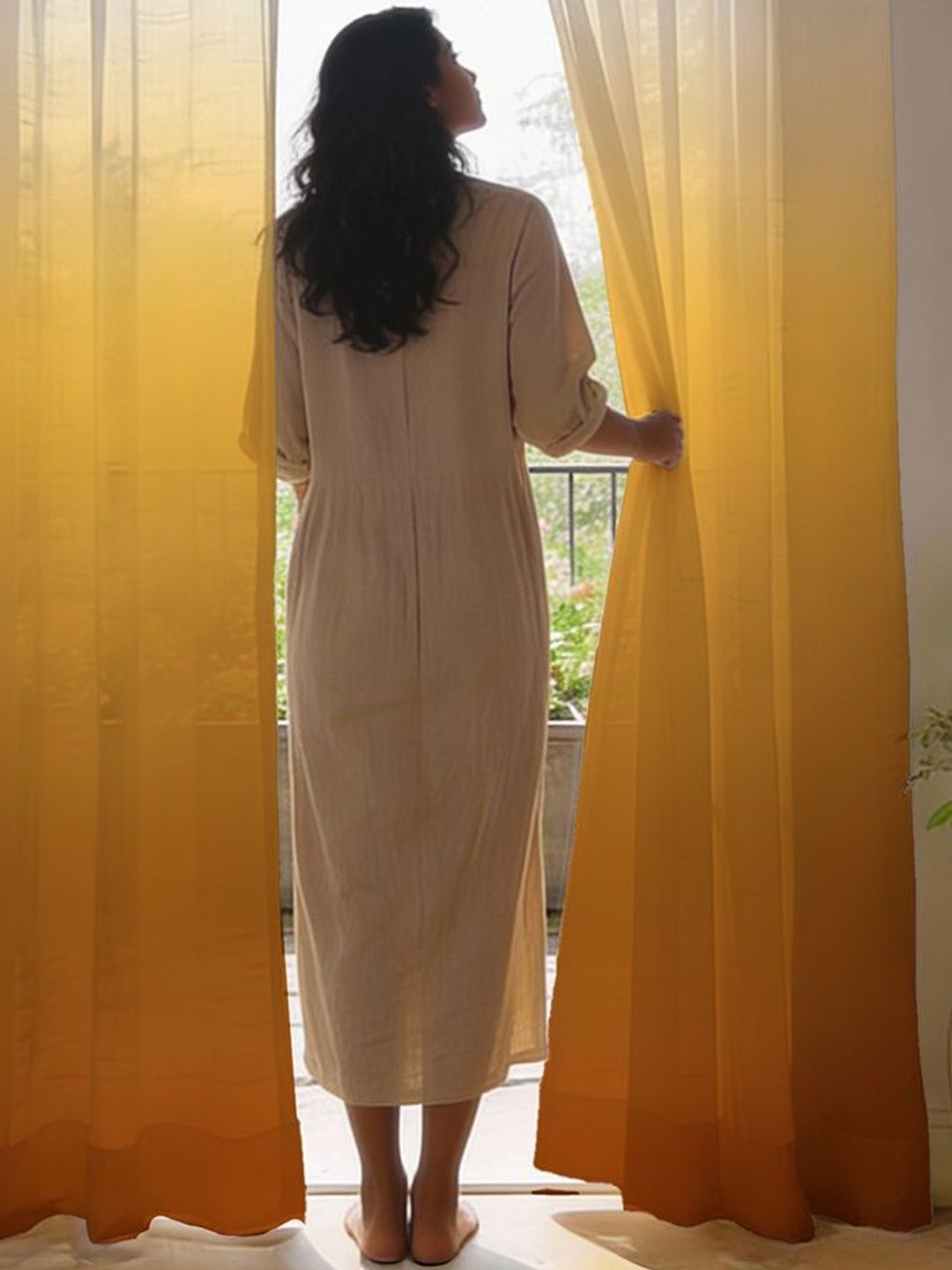 URBAN SPACE Orange & Off White Set of 2 Sheer Door Curtain-image-45