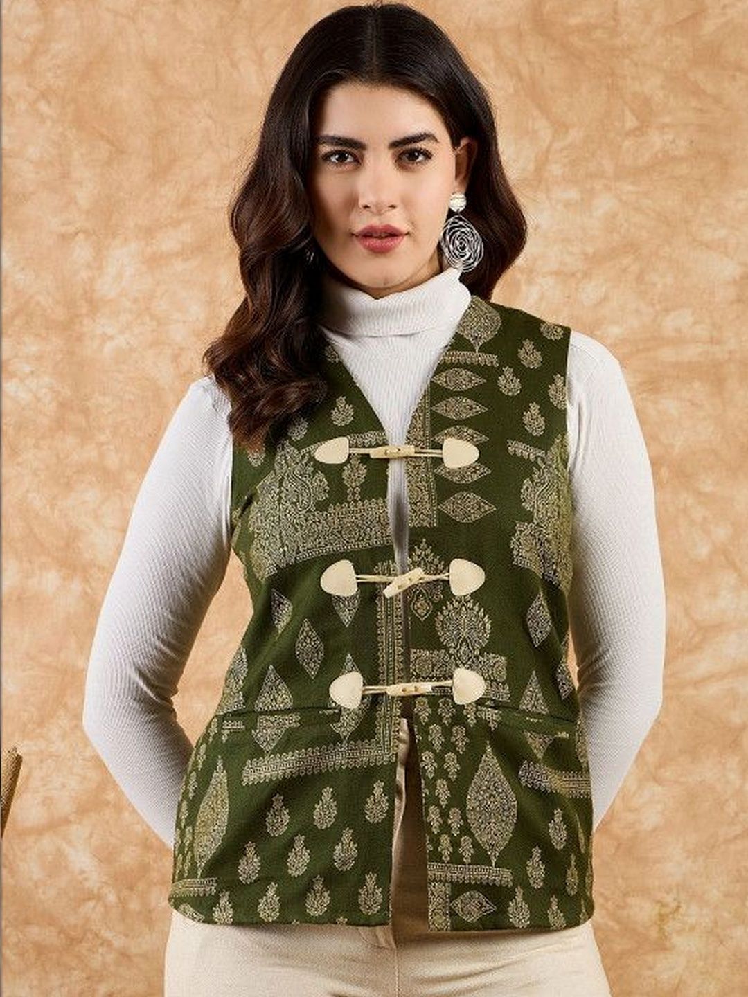 Sangria Women Collarless Floral Printed Woollen Casual Tailored Nehru Jackets-picture-28