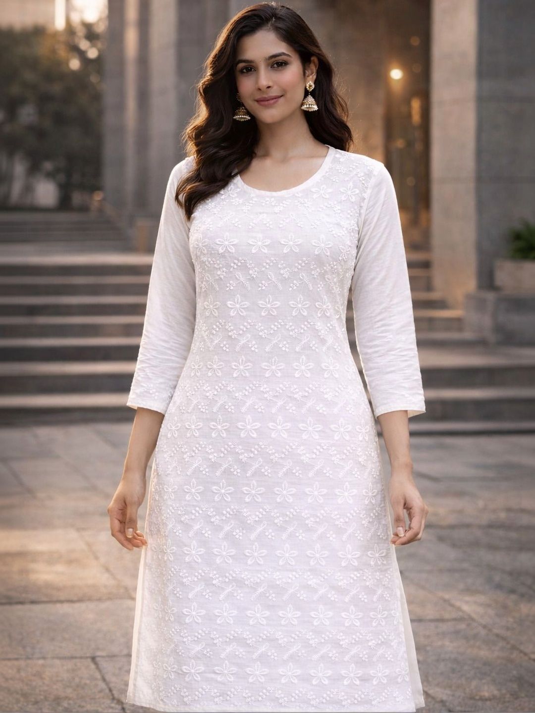 Miaz Lifestyle Floral Embroidered Chikankari Pure Cotton Chikankari Kurti-image-25