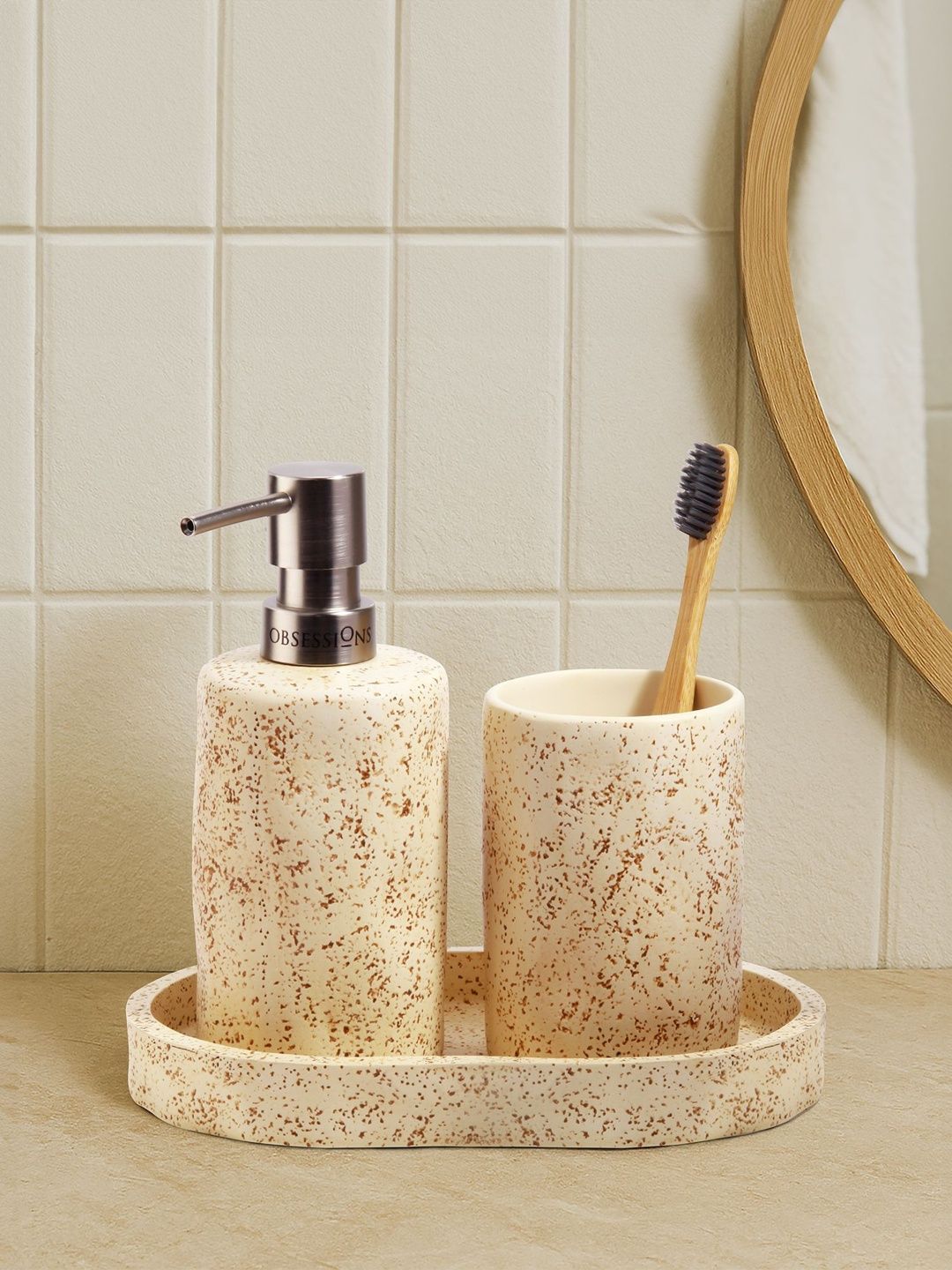 OBSESSIONS Beige Textured Lightweight Compact 3-Pcs Bathroom Accessories-picture-18