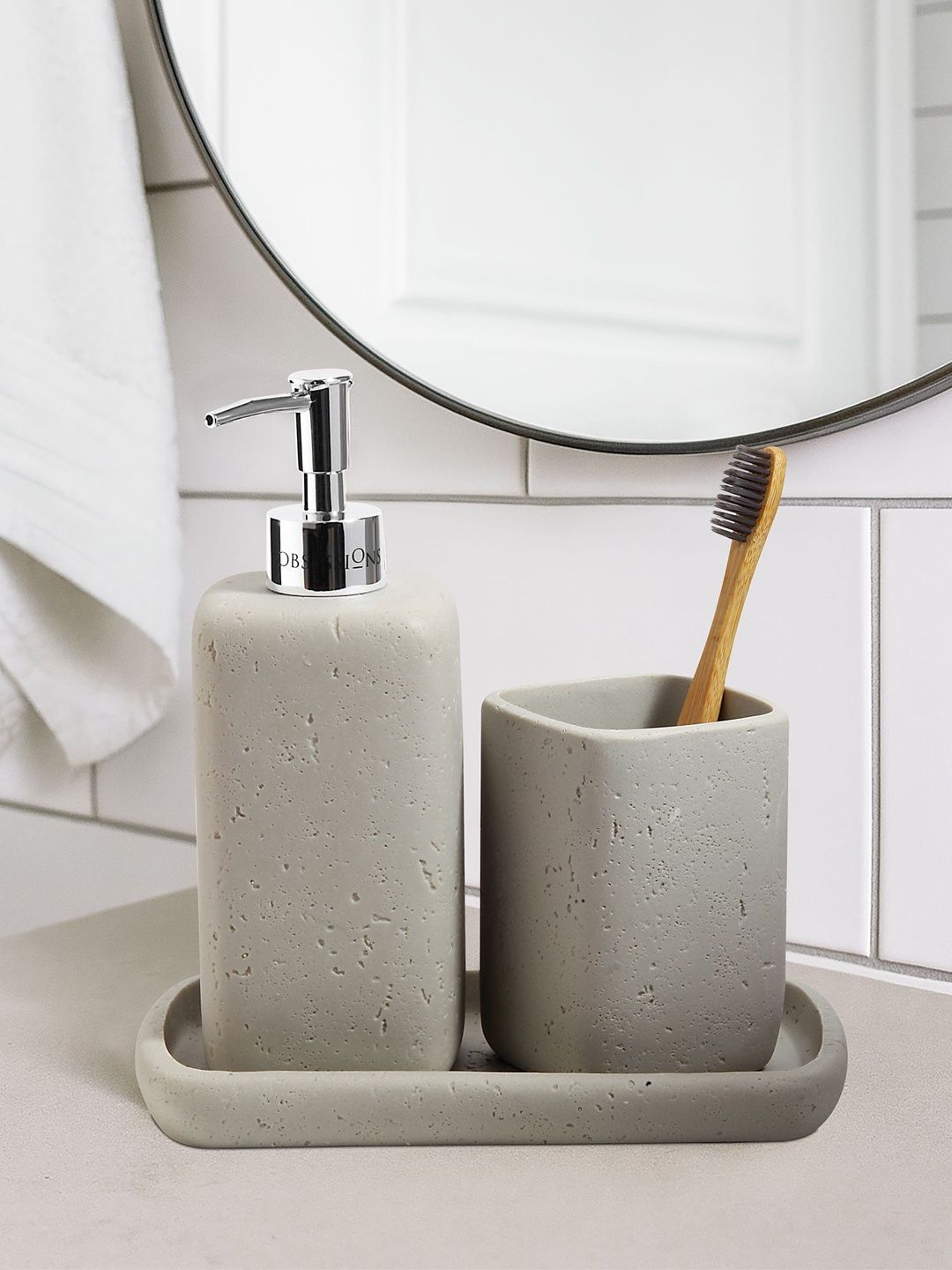 OBSESSIONS Grey Textured Lightweight Compact 3-Pcs Bathroom Accessories-picture-17
