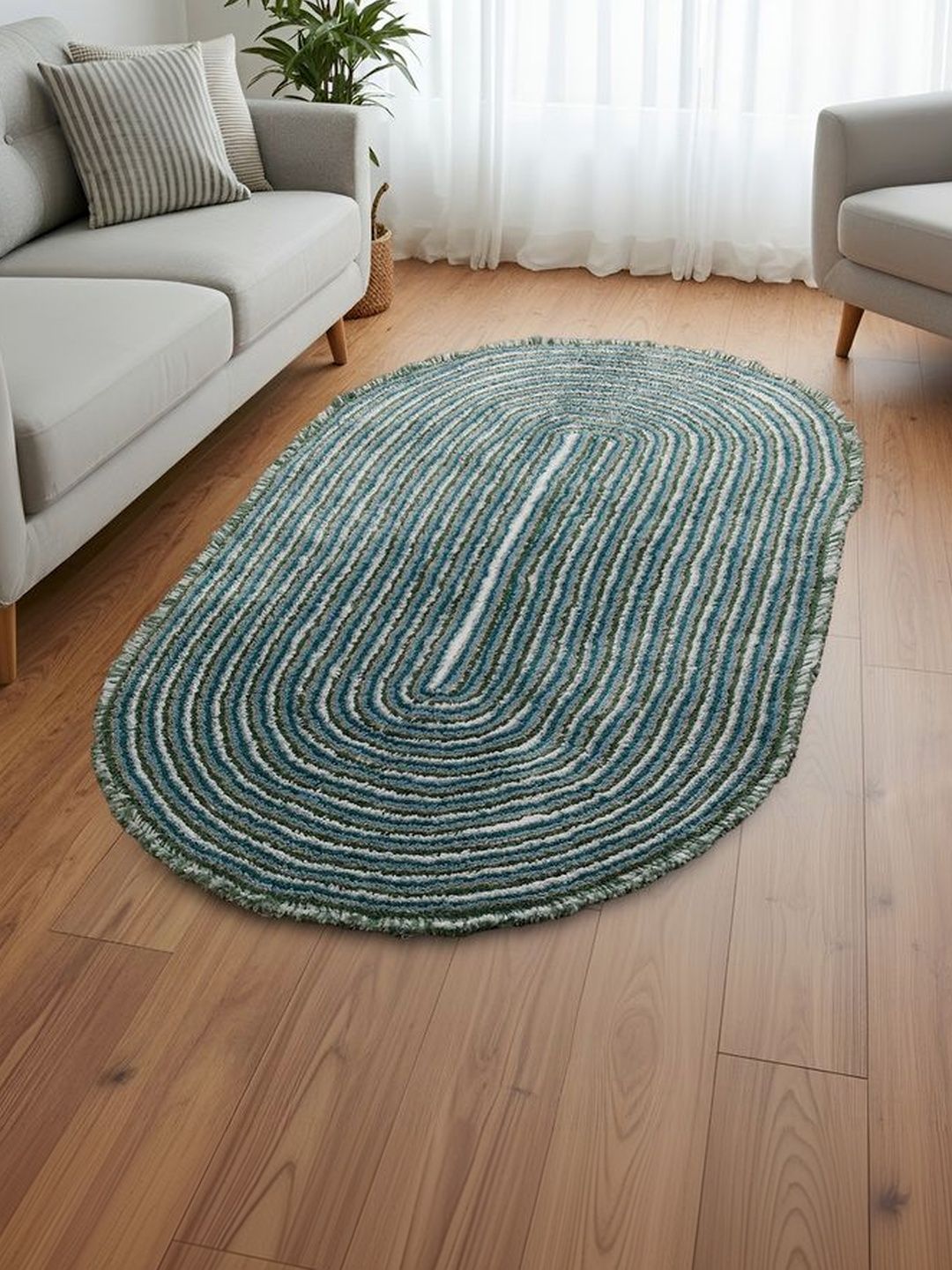 FINE TEX WORLD Green Striped Handmade Polyester Carpet-image-24
