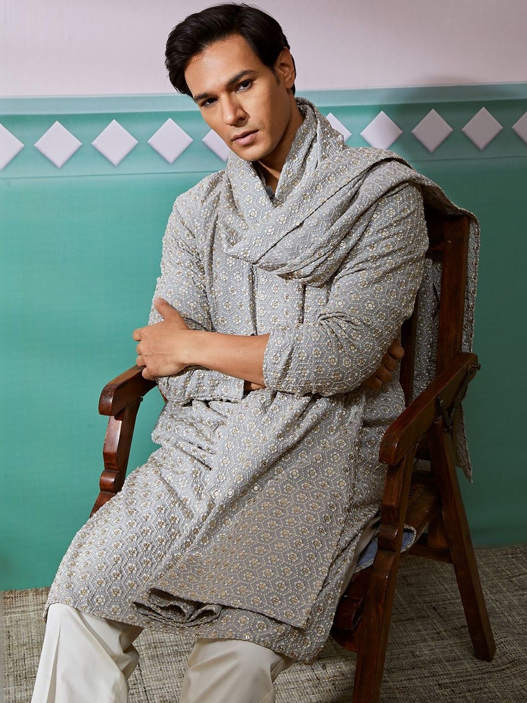 VASTRAMAY Men Ethnic Motifs Embroidered Regular Thread Work Kurta with Trousers & With Dupatta-picture-17