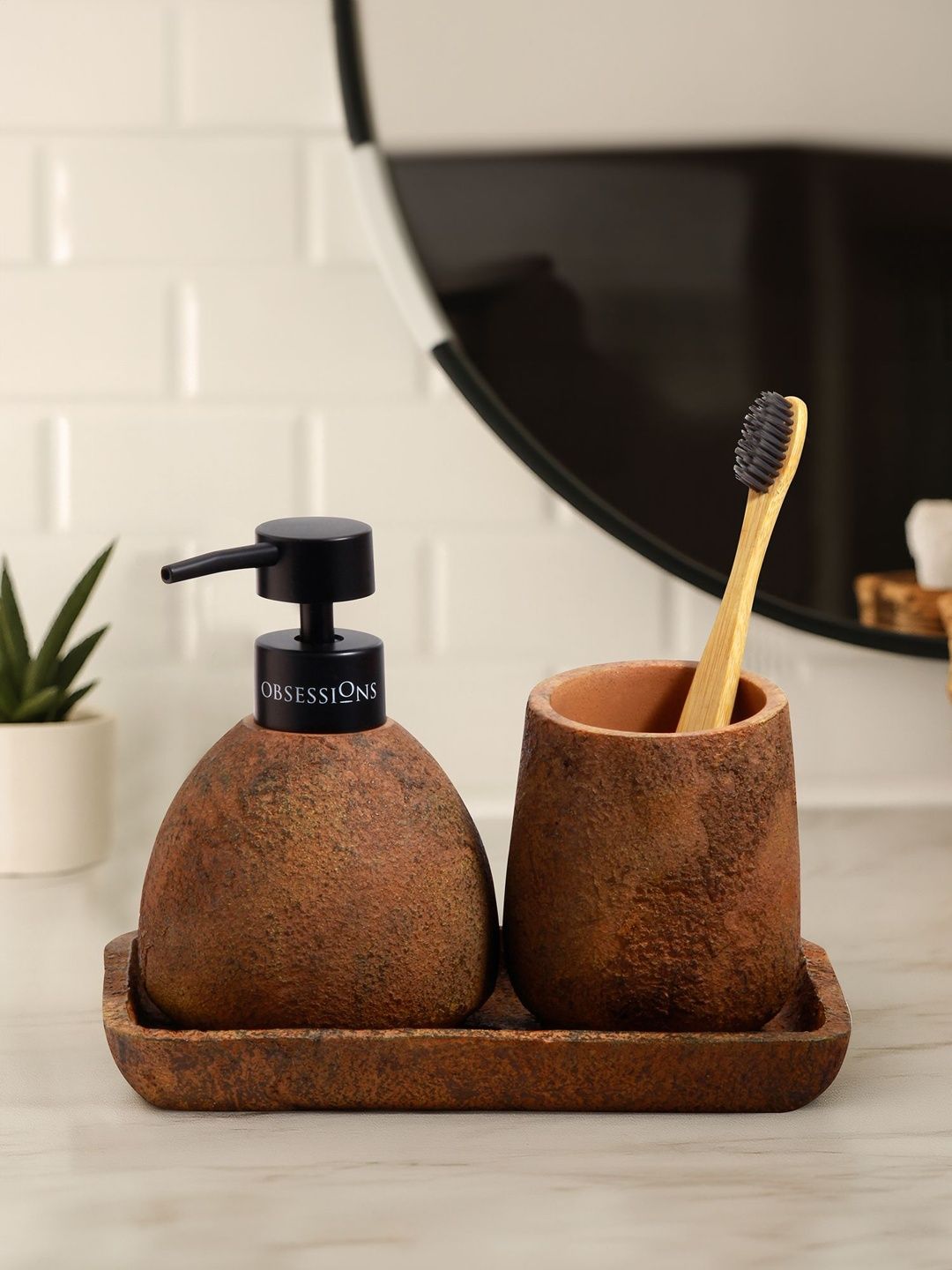 OBSESSIONS Brown Textured Lightweight Compact 3-Pcs Bathroom Accessories-picture-20