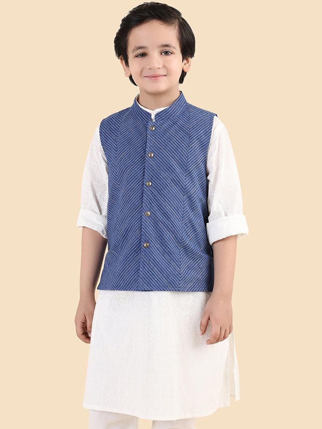 Fabindia Boys Striped Mandarian Collar Neck Woven Nehru Jacket-picture-19
