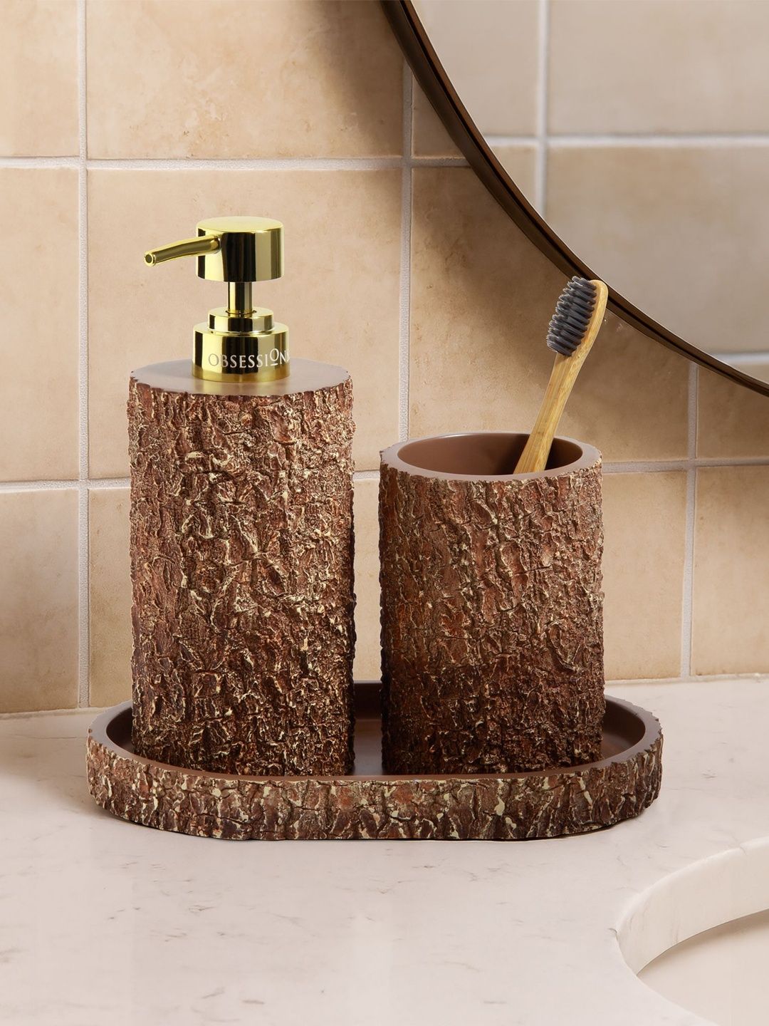 OBSESSIONS Brown Textured Lightweight Compact 3-Pcs Bathroom Accessories-picture-19