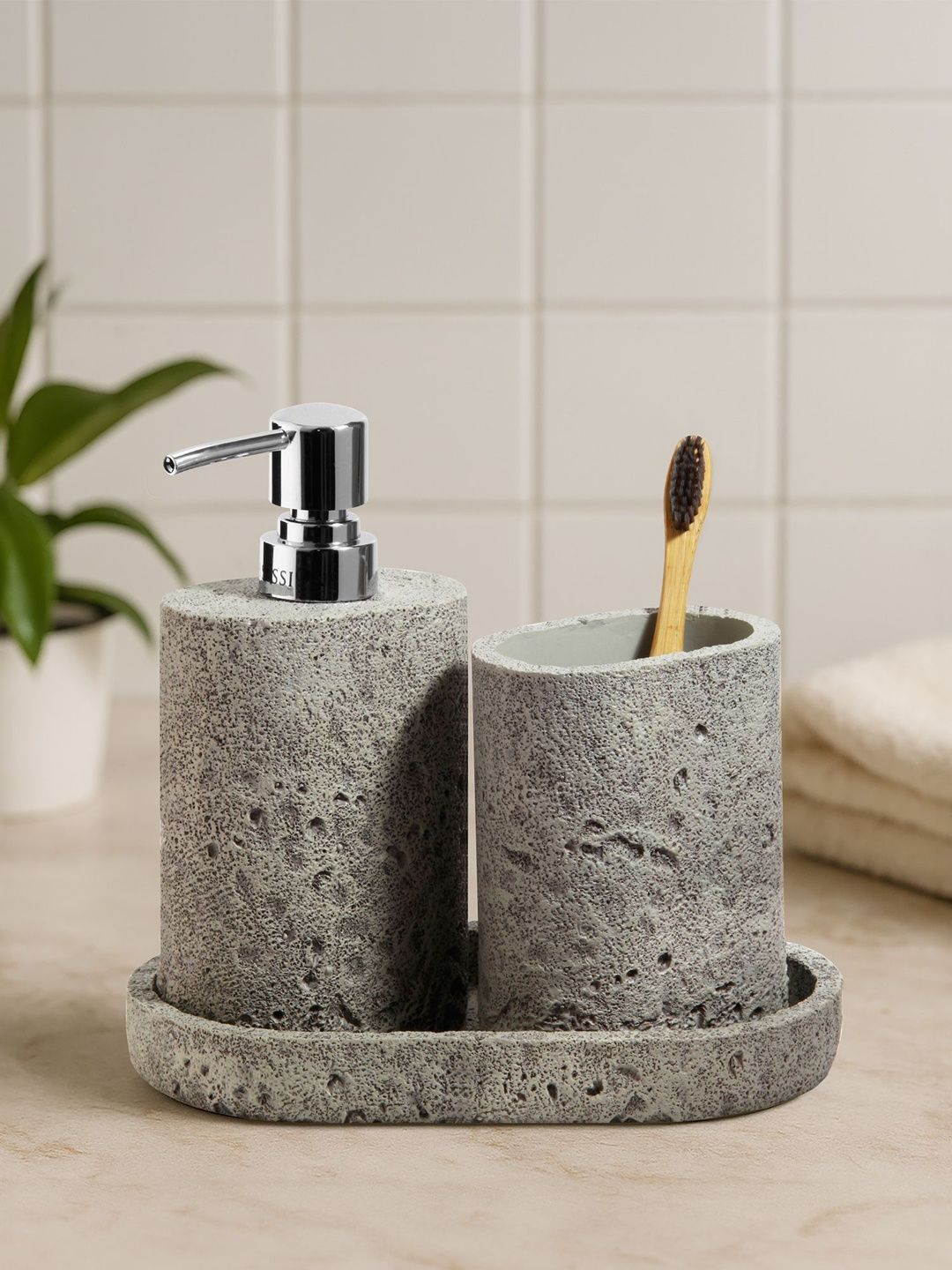 OBSESSIONS Grey Textured Lightweight Compact 3-Pcs Bathroom Accessories-image-25