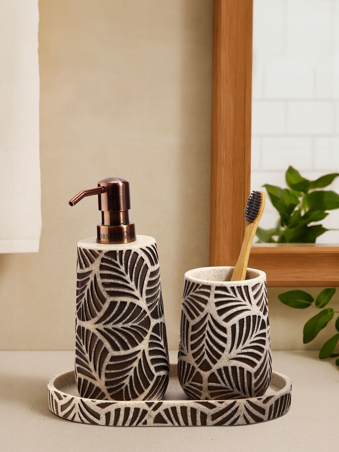 OBSESSIONS Cream Leaf Design Lightweight Compact 3-Pcs Bathroom Accessories-picture-24