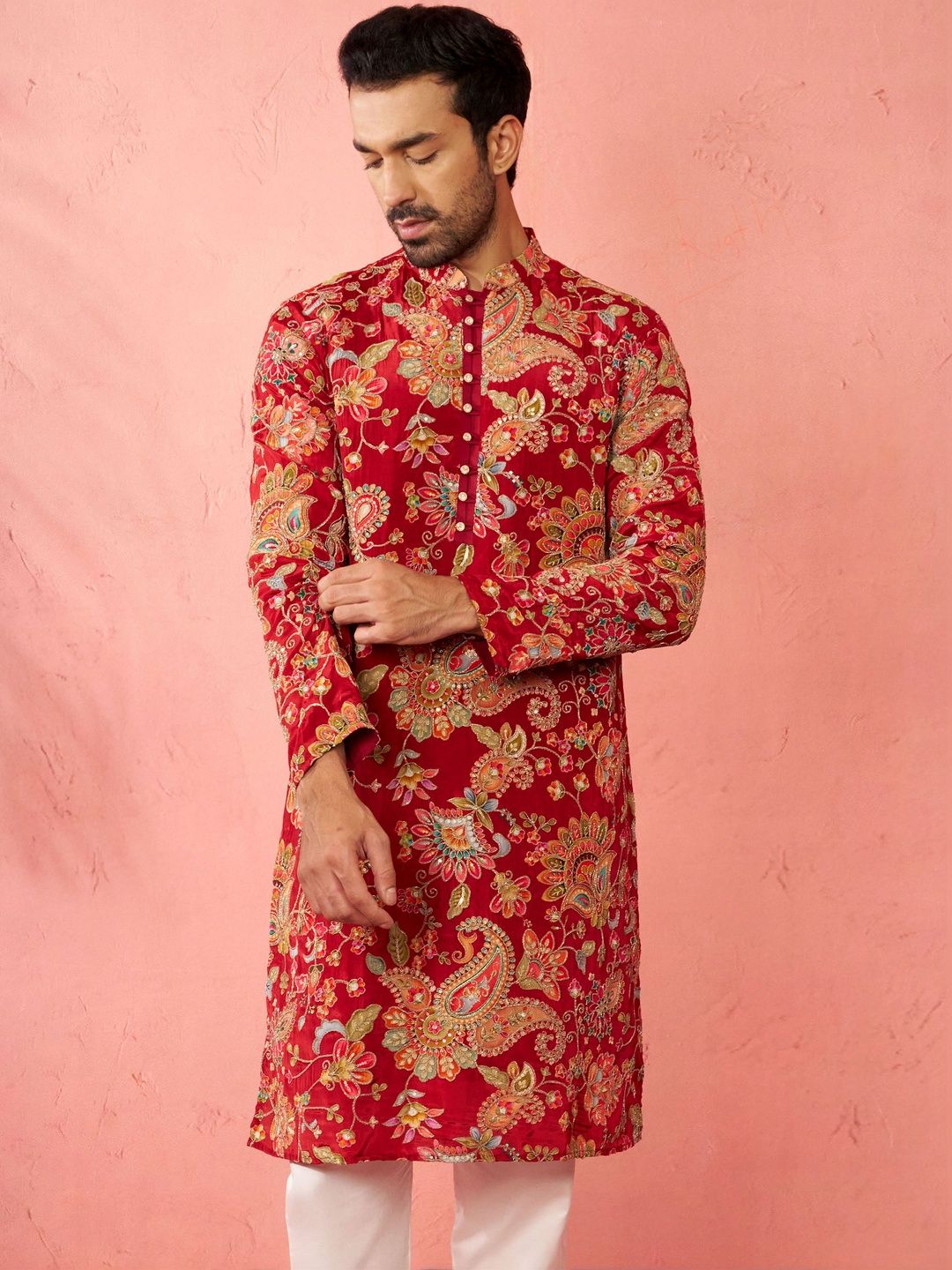 VASTRAMAY Men Printed Sequinned Crepe Pathani Kurta-image-21
