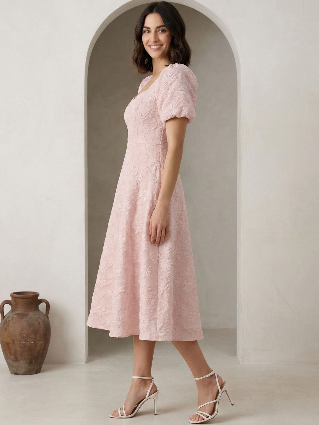 Zucchini Puff Sleeve Jacquard Fit & Flare Midi Dress-picture-1