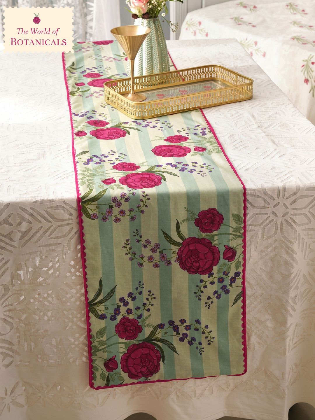 JAYPORE Green & Pink Printed Chanderi Table Runner
