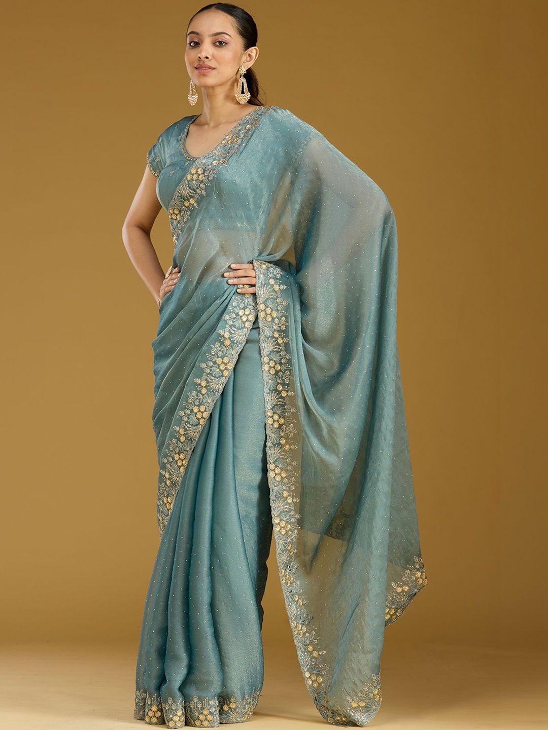 Koskii Women Zariwork Blue Tissue Saree With Unstitched Blouse-picture-34