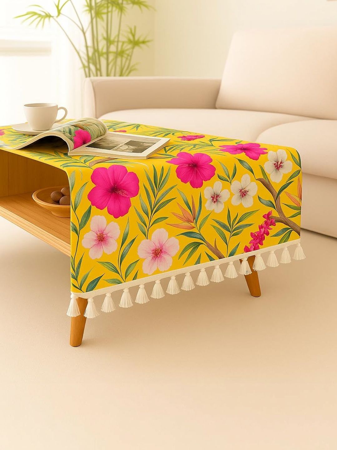 THROWPILLOW Yellow Floral Anti-Slip 6-Seater Table Cover with Embellished details-picture-10