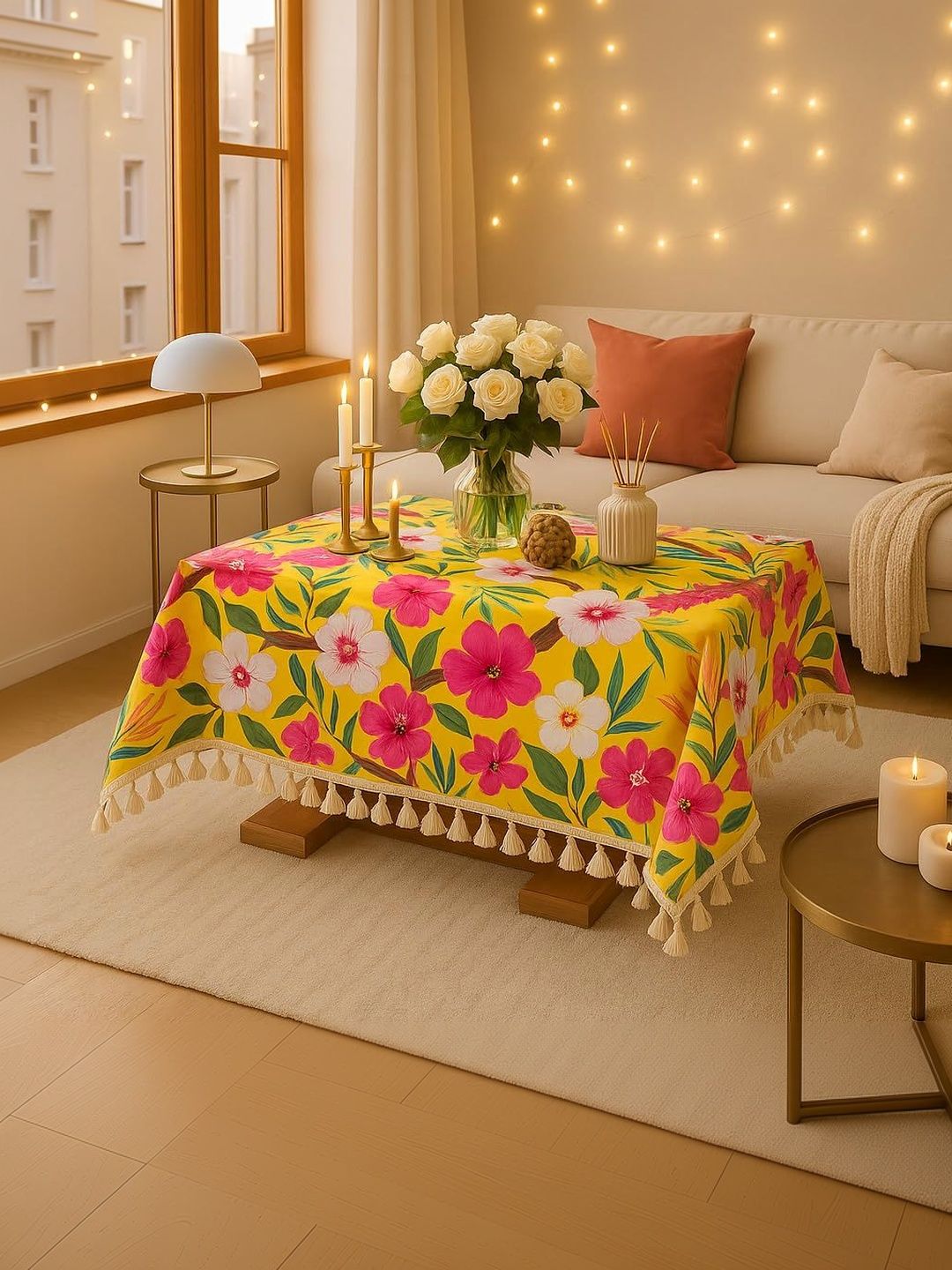 THROWPILLOW Yellow Floral Anti-Slip 8-Seater Table Cover with Embellished details-picture-44