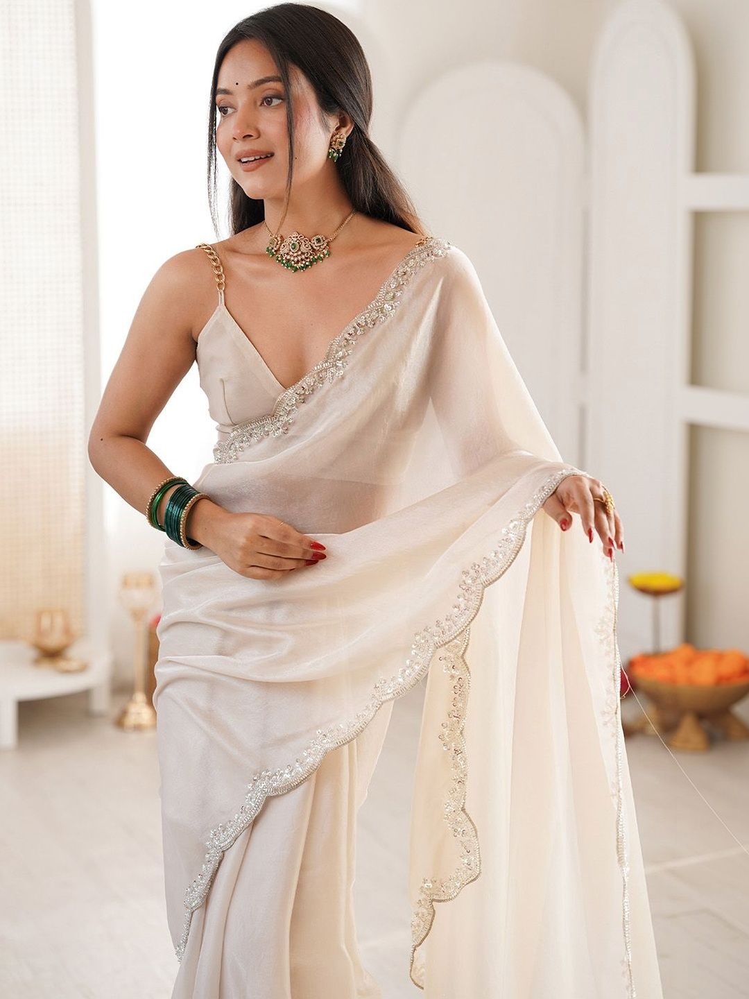 Anouk Embellished Sequinned Satin Heavy Work Saree