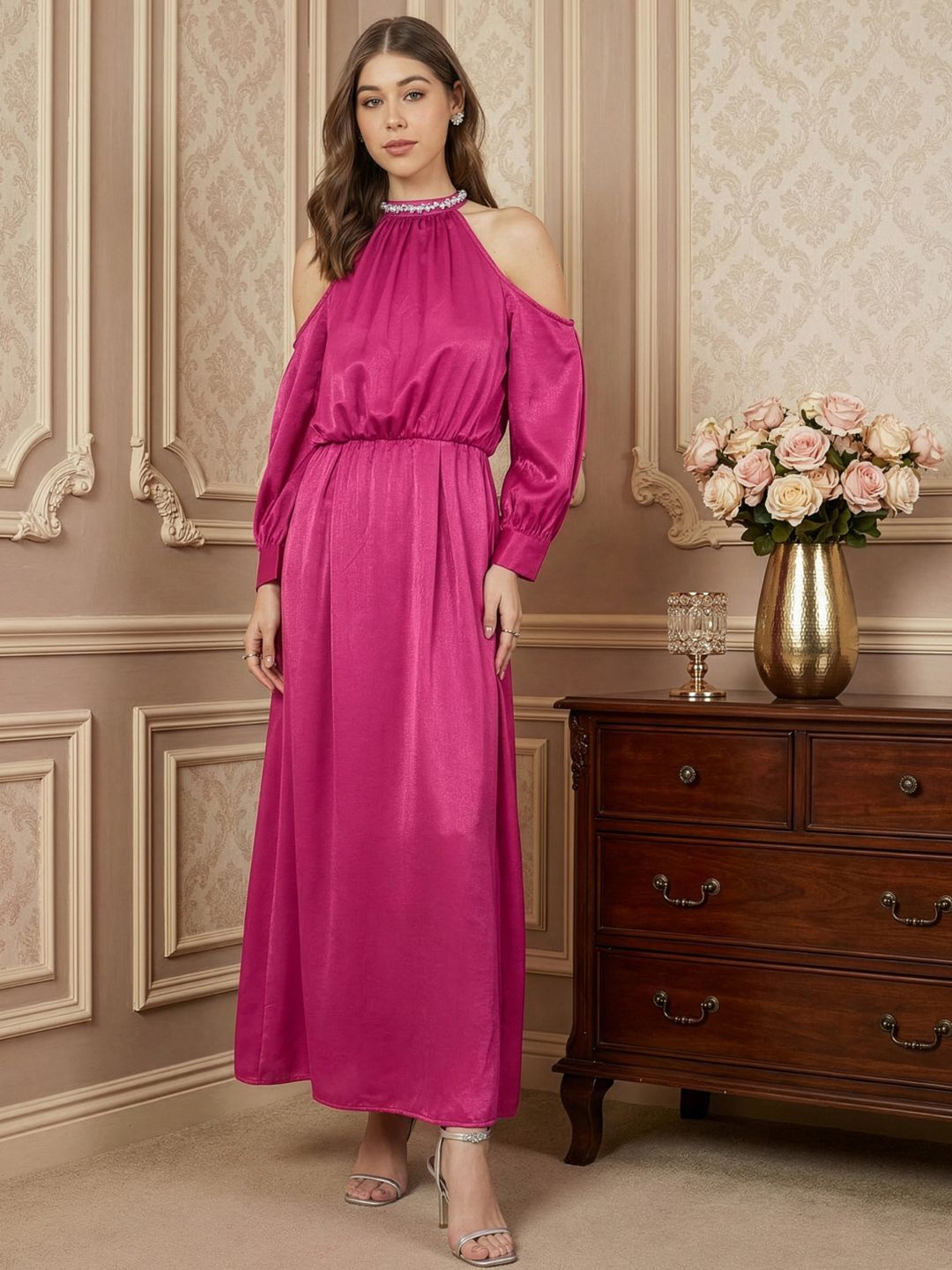 Styli Women Cold Shoulder Mock Neck Fit & Flare Maxi Dress-image-4
