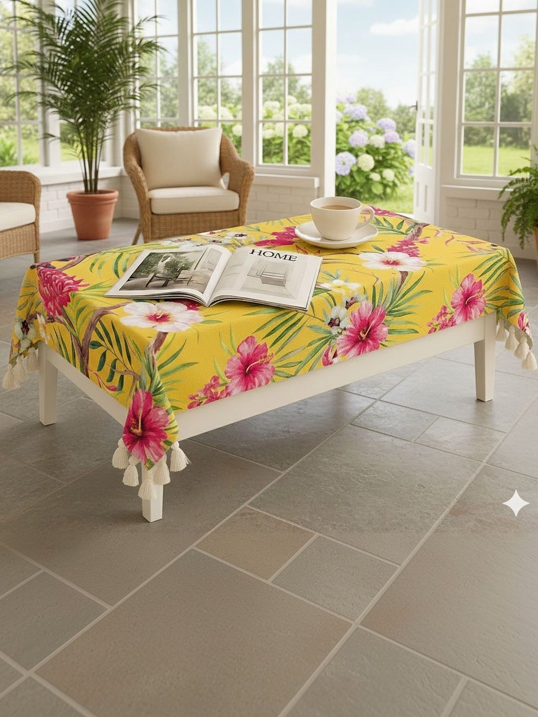 THROWPILLOW Yellow Floral Anti-Slip 8-Seater Table Cover with Embellished details-picture-42