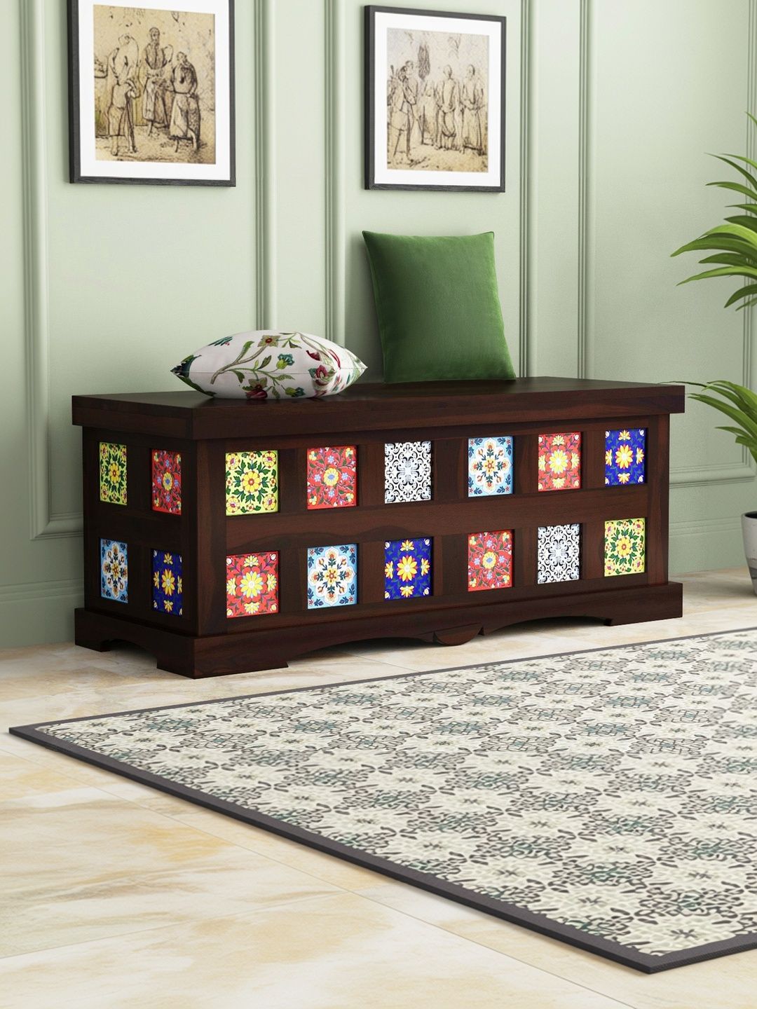 THE ATTIC Jaipur Brown Wooden Multipurpose Cabinet Storage Bench