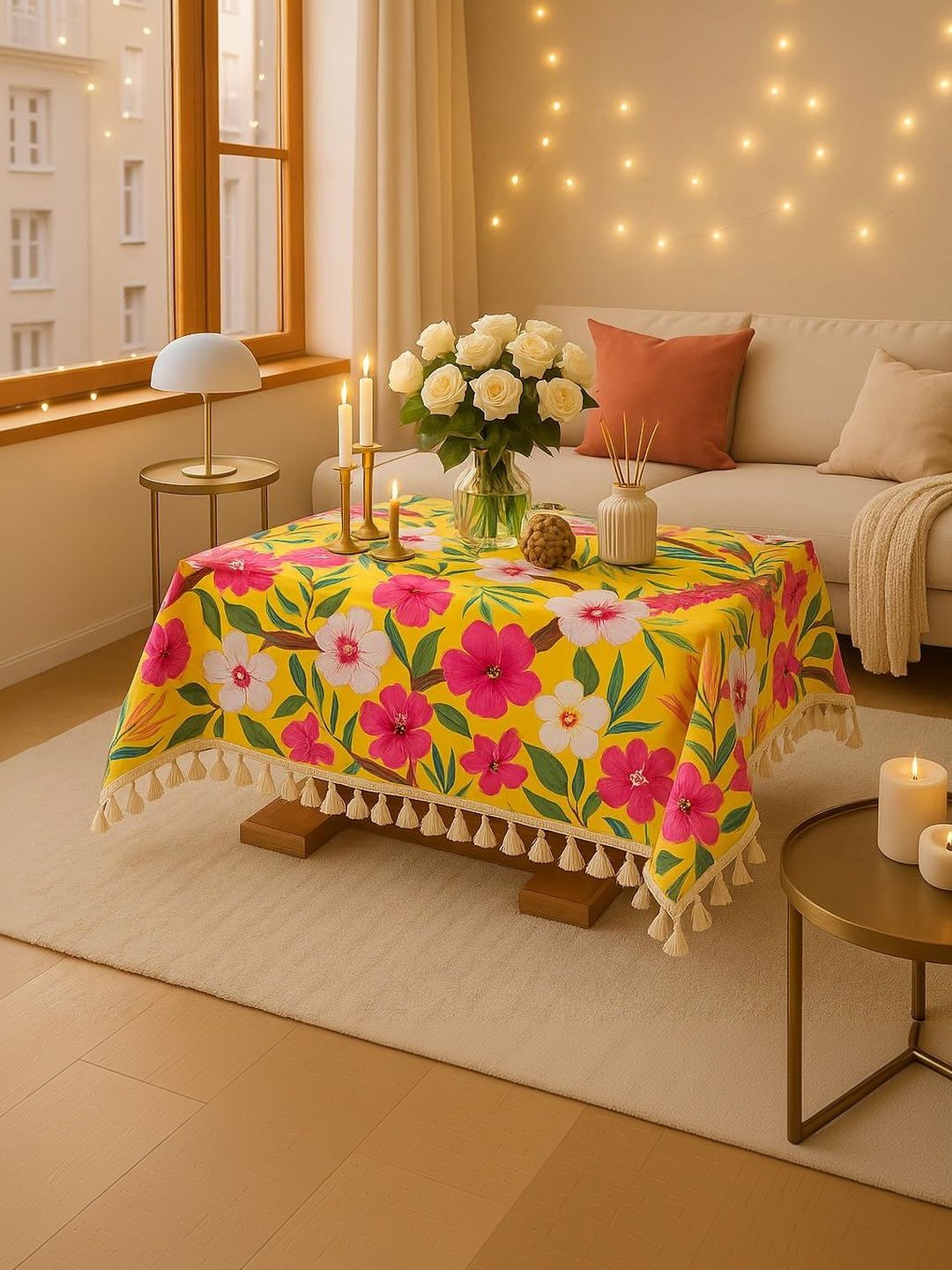 THROWPILLOW Yellow Floral Anti-Slip 6-Seater Table Cover with Embellished details-picture-36