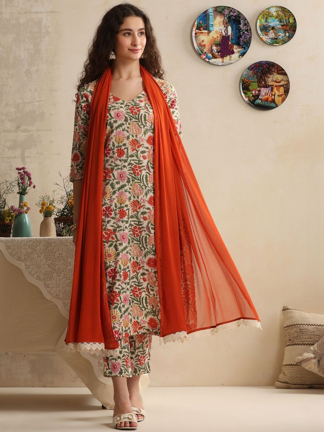Khushal K Women Floral Printed Regular Pure Cotton Kurta with Trousers & With Dupatta-picture-21