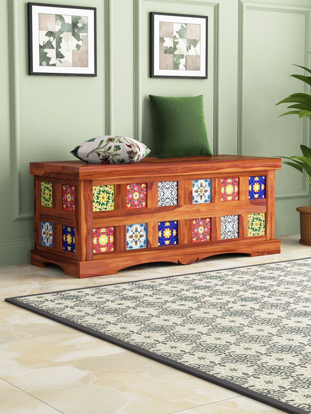 THE ATTIC Jaipur Brown Wooden Multipurpose Cabinet Storage Bench