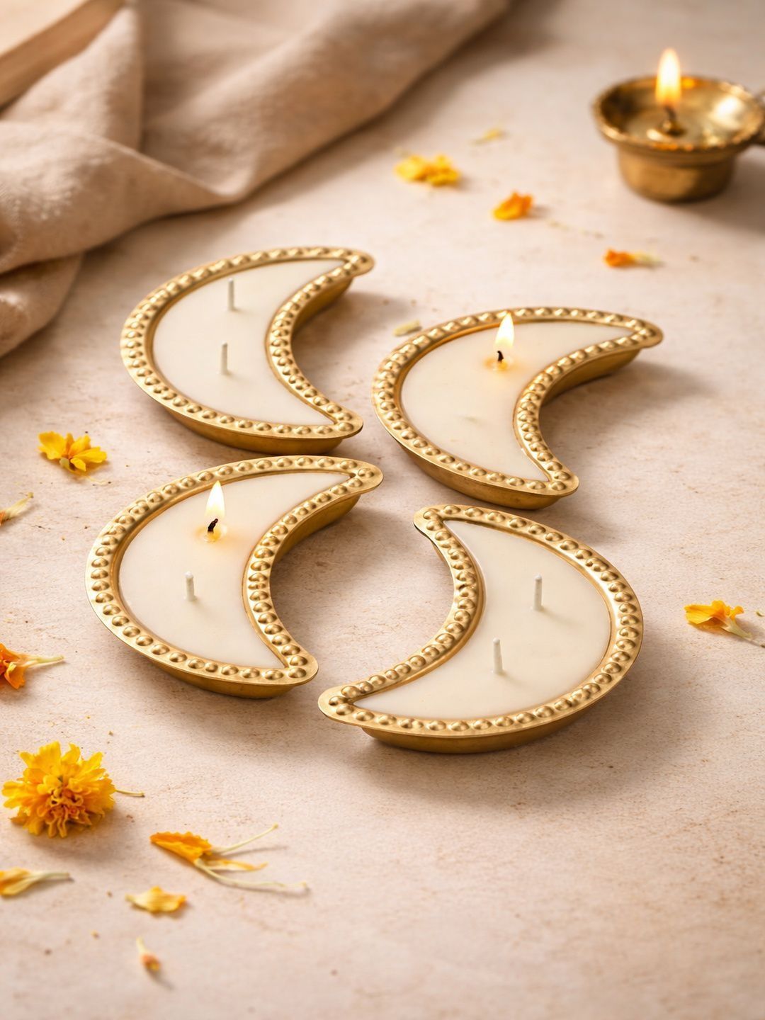 LIGHT JEWELS Beige & Gold-Toned 4 pieces Diya Candle-picture-48