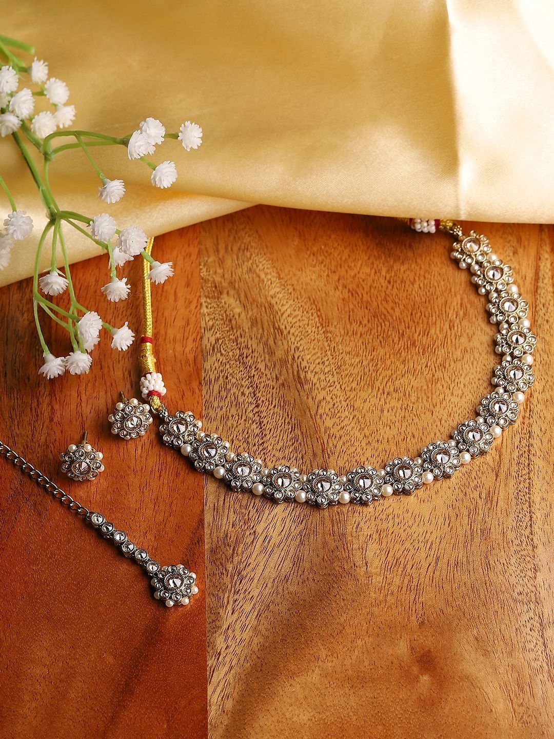 Biba Gold-Plated Stone Studded & Beaded Maang Tika and Earrings-picture-12