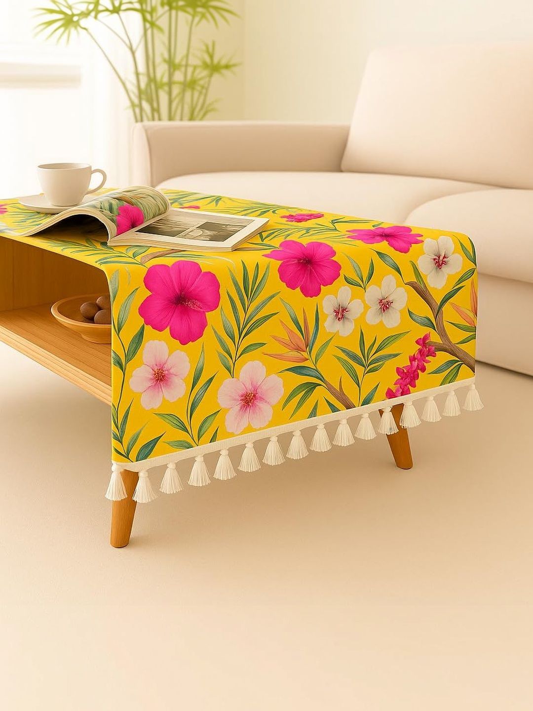 THROWPILLOW Yellow Floral Anti-Slip 6-Seater Table Cover with Embellished details-picture-13