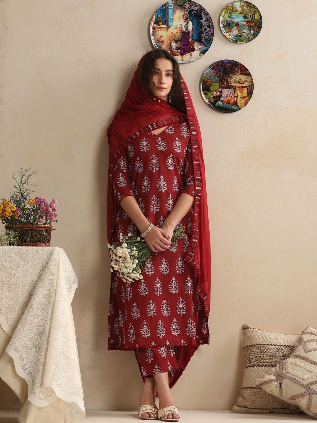 Khushal K Women Ethnic Motifs Printed Regular Pure Cotton Kurta with Trousers & With Dupatta-picture-30