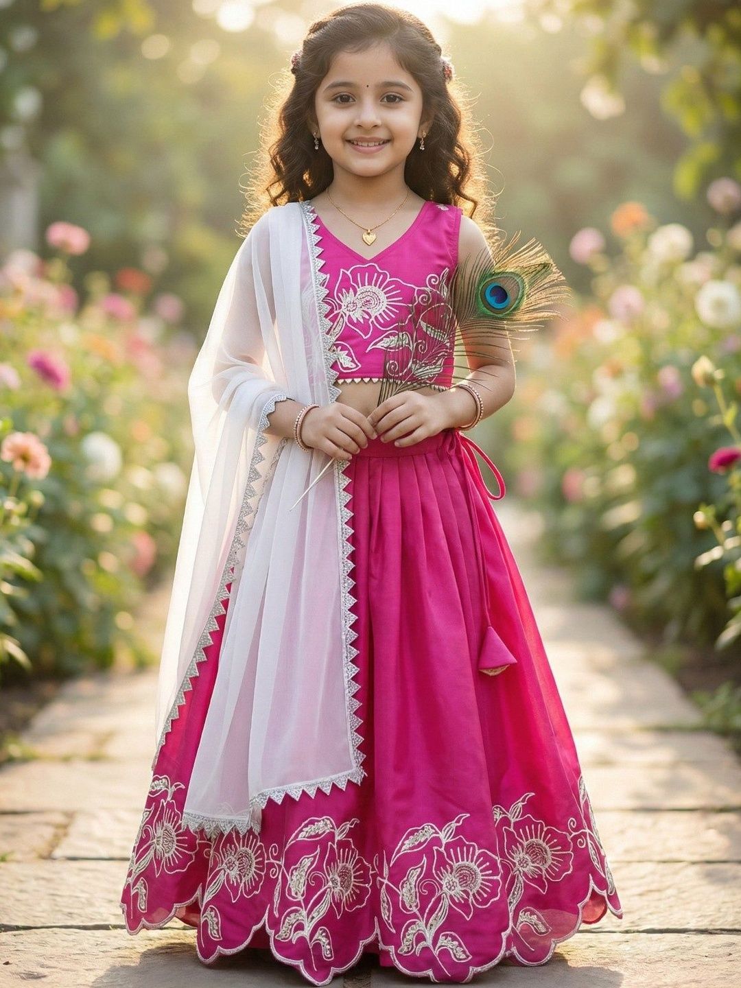KALINI Girls Embroidered Thread Work Ready to Wear Lehenga & Blouse With Dupatta