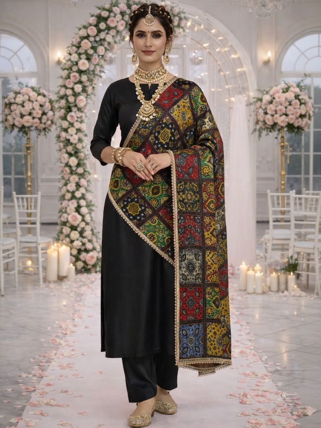 HERE&NOW Ethnic Motifs Printed Kalamkari Dupatta with Zari-picture-24