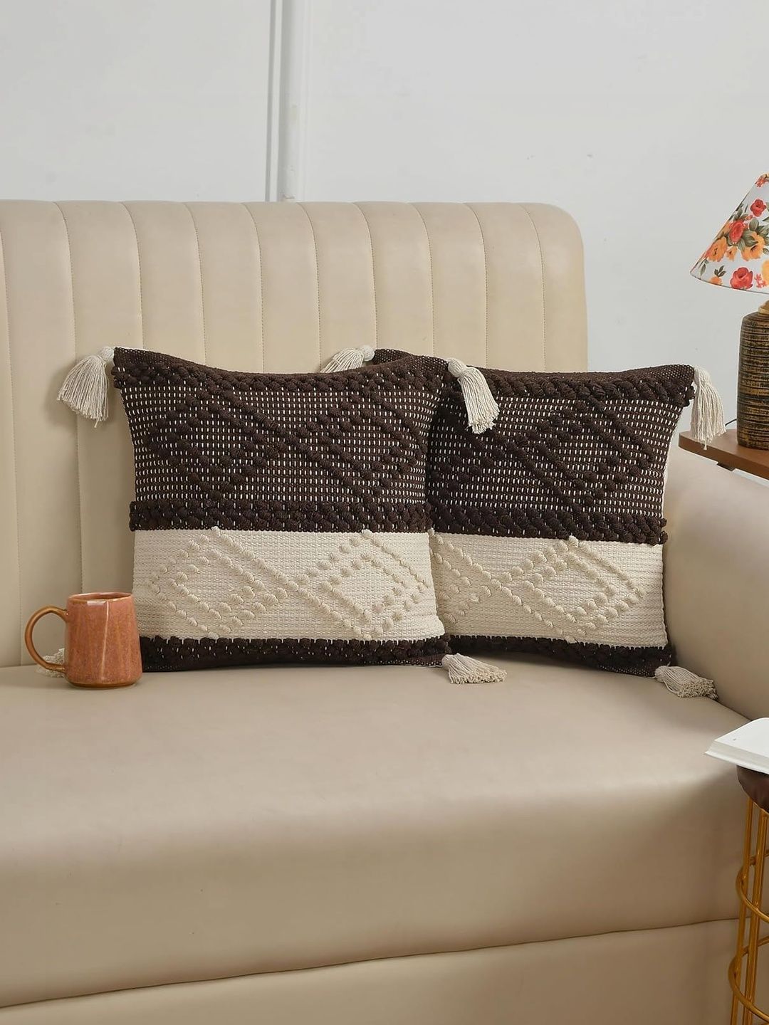 WEAVERS HUT Brown & Beige Set of 2 Geometric Square Cushion Covers-image-25