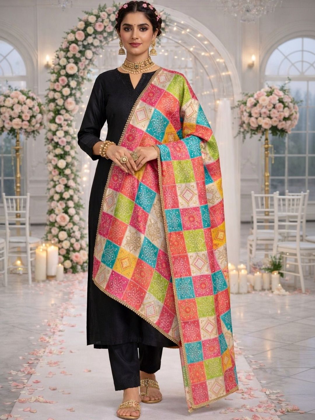 HERE&NOW Woven Design Bandhani Dupatta With Zari-picture-27