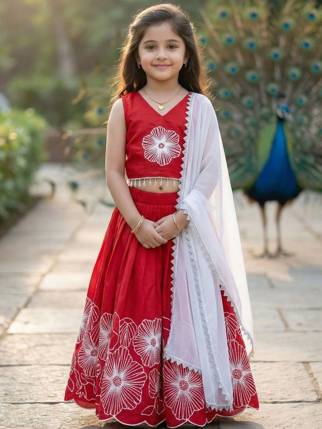 KALINI Girls Embellished Thread Work Ready to Wear Lehenga & Blouse With Dupatta