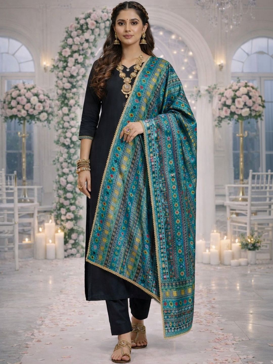 HERE&NOW Ethnic Motifs Printed Kalamkari Dupatta with Gotta Patti-picture-23