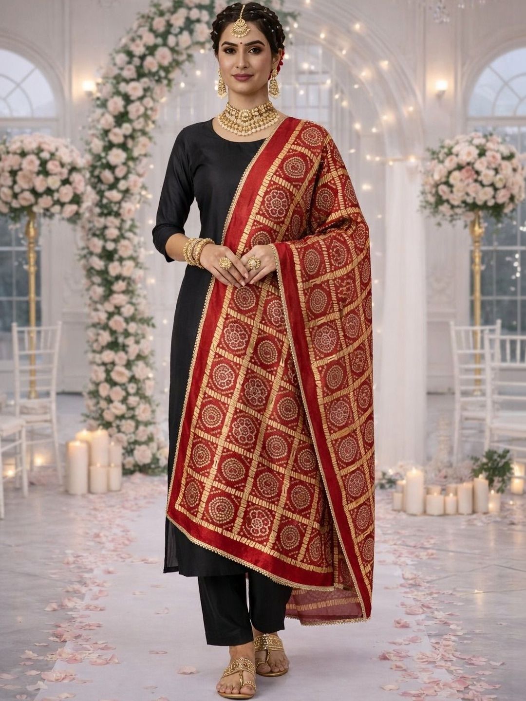 HERE&NOW Woven Design Bandhani Dupatta with Zari-picture-35