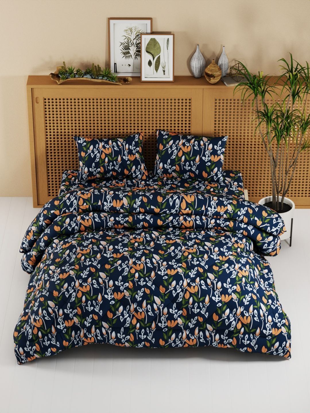 KOPA Navy Blue & Orange Floral Other 4 Piece Double King Regular Bedding Set-image-5