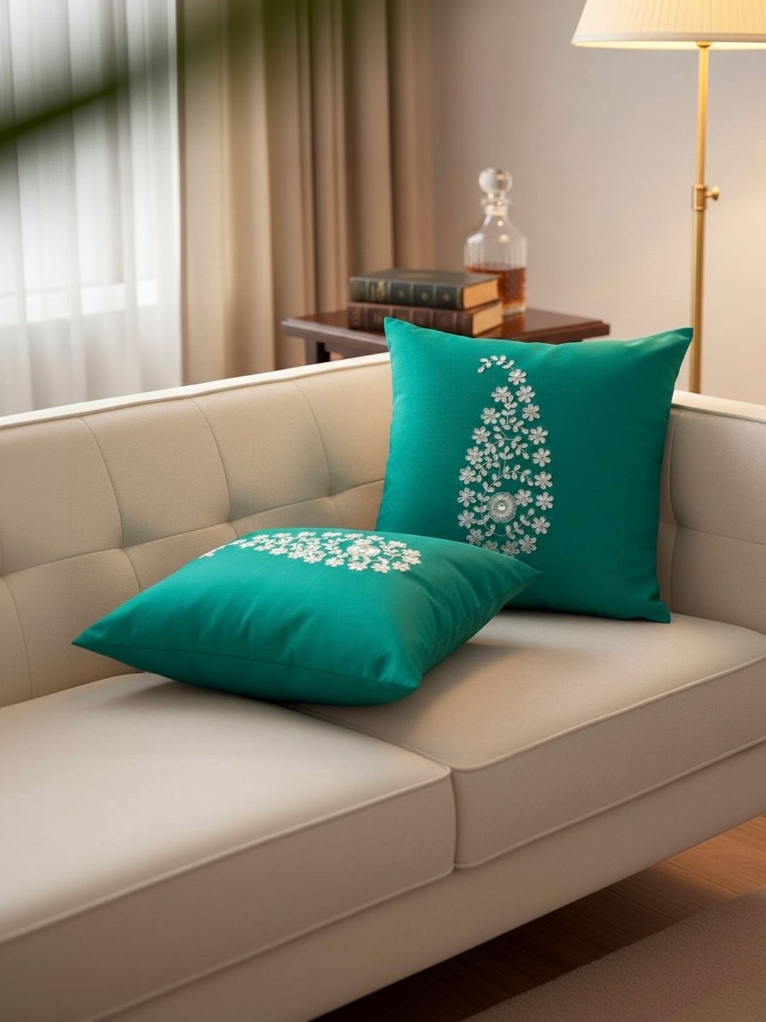 RoyalDeco Green & Silver-Toned Set of 2 Floral Square Cushion Covers-image-42