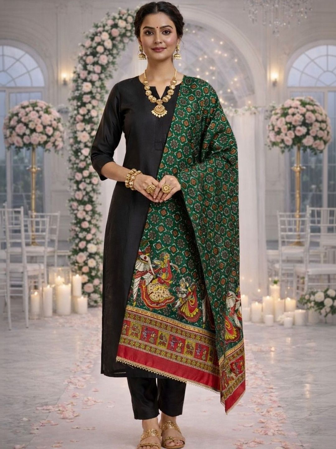 HERE&NOW Printed Kalamkari Dupatta with Gotta Patti-picture-53