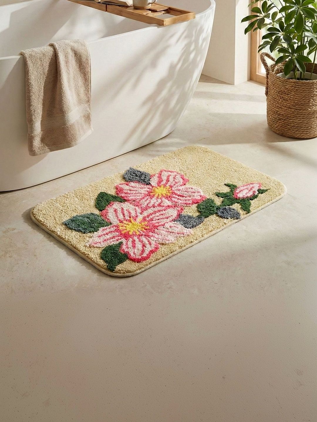 Saral Home Beige & Pink Floral 2050-GSM Anti-Skid Water Absorbing Quick Drying Bath Mat-picture-39