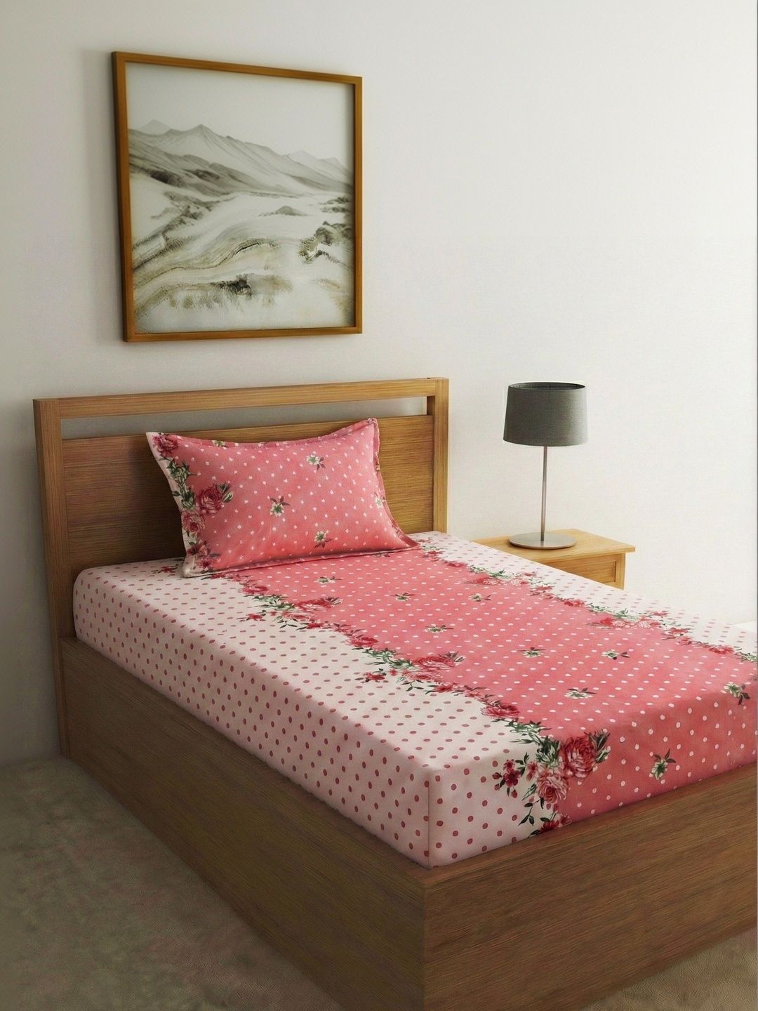 Fashion String Pink Floral 144 TC Single Bedsheet with 1 Pillow Covers-picture-15