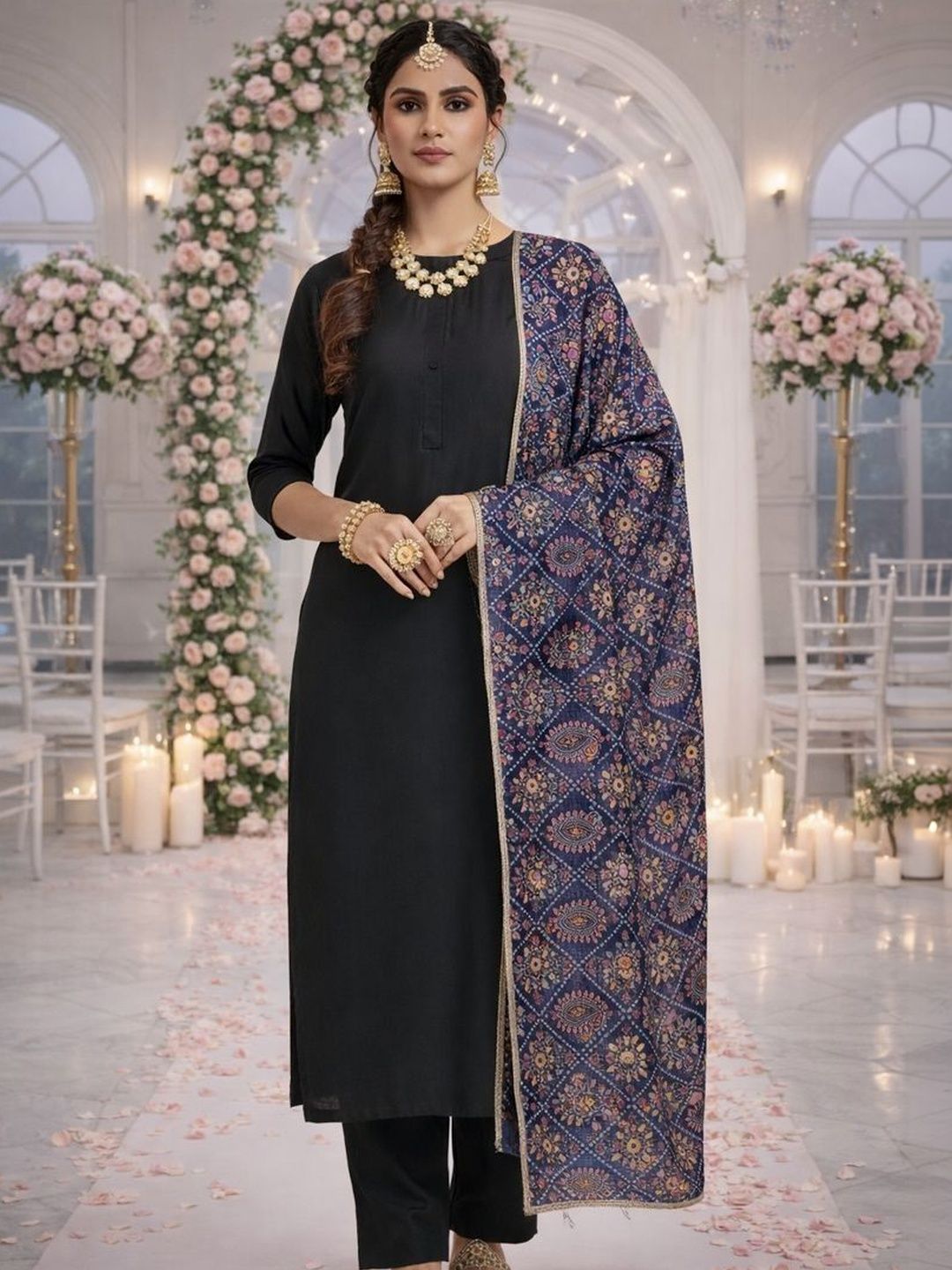 HERE&NOW Ethnic Motifs Printed Kalamkari Dupatta with Gotta Patti-picture-46