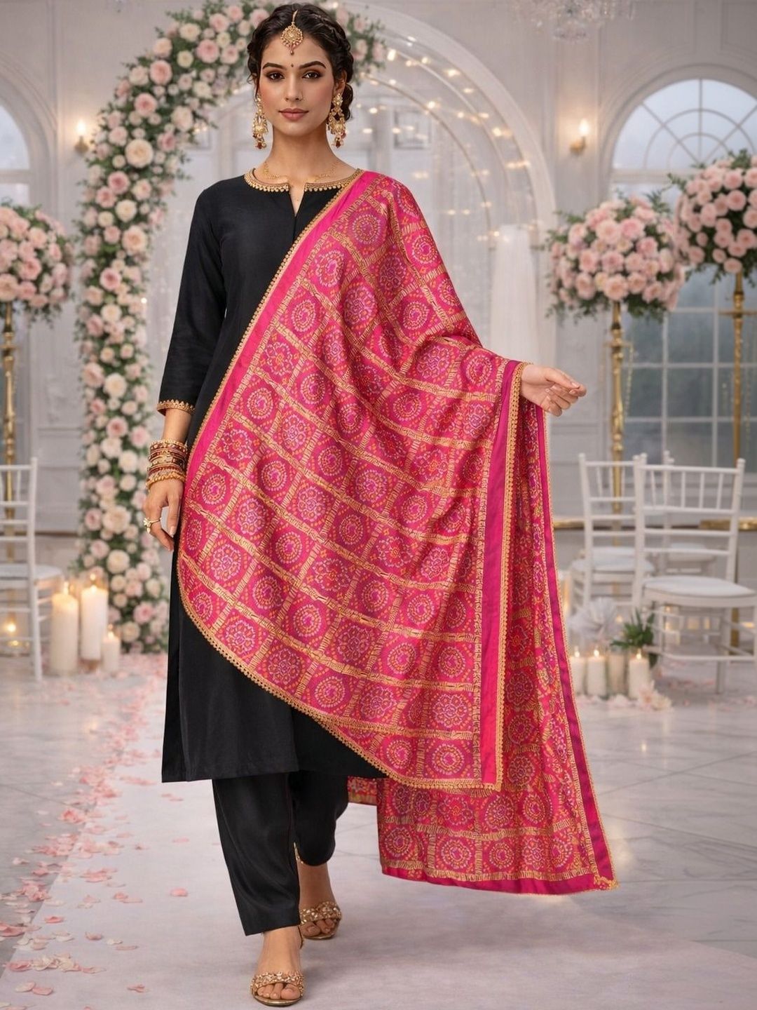 HERE&NOW Ethnic Motifs Printed Bandhani Dupatta with Gotta Patti-picture-15