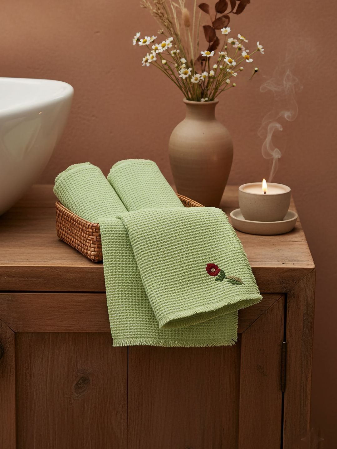 DESIGN GAATHA 2Pcs Green & Red Embroidered Soft Cotton 300-GSM Waffled Hand Towels-picture-11