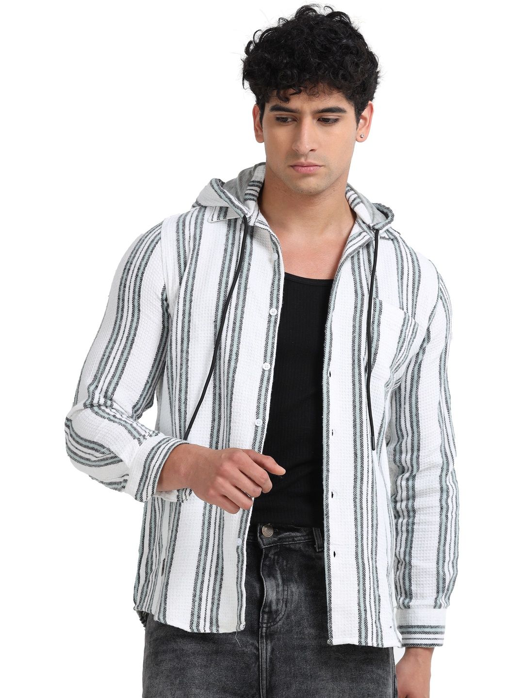 CARNOT Men White Striped Hooded Relaxed Fit Casual Shirt-picture-29