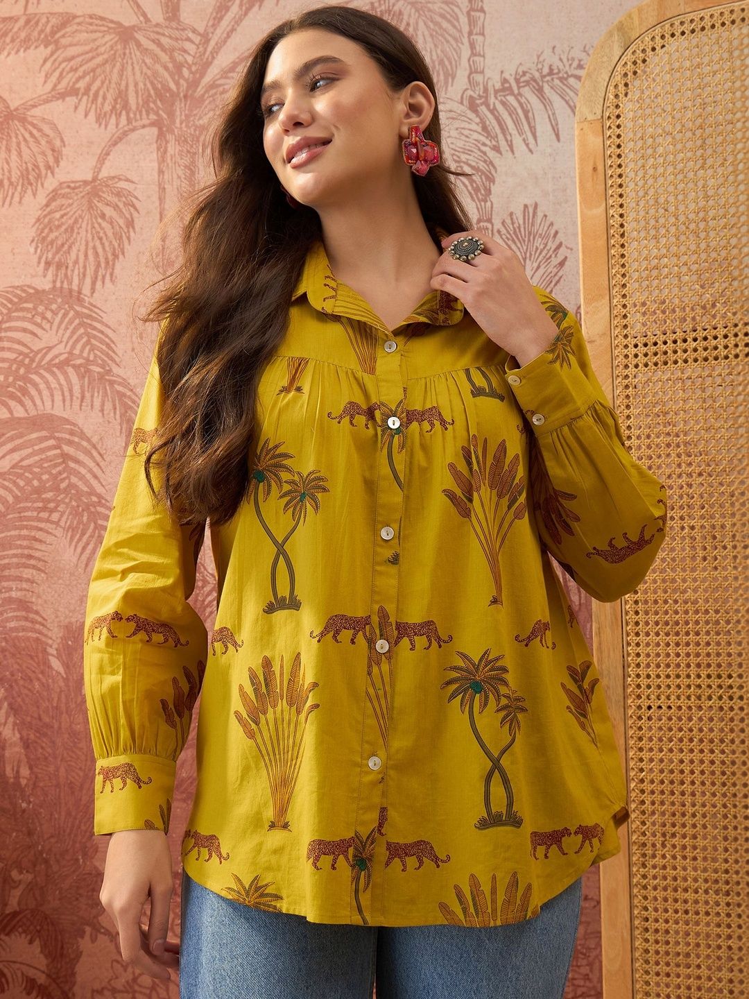 Sangria Palm Tree Printed Pure Cotton Shirt Style Top-picture-16